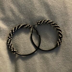 Sparkling Black and Silver Rhinestone Hoop Earrings